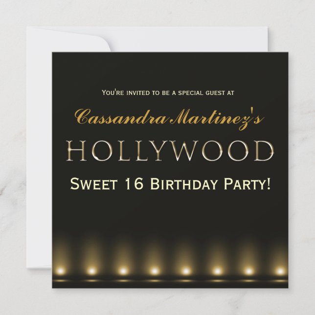 Hollywood Lights Gold Typografy Party Einladung (Vorderseite)