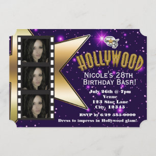 Hollywood Lila Stars 3 Foto Einladung zum Geburtst