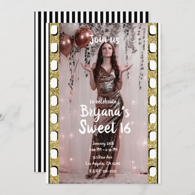 Hollywood Movie Gold Glitzer Film Sweet 16 Party Einladung (Vorne/Hinten)