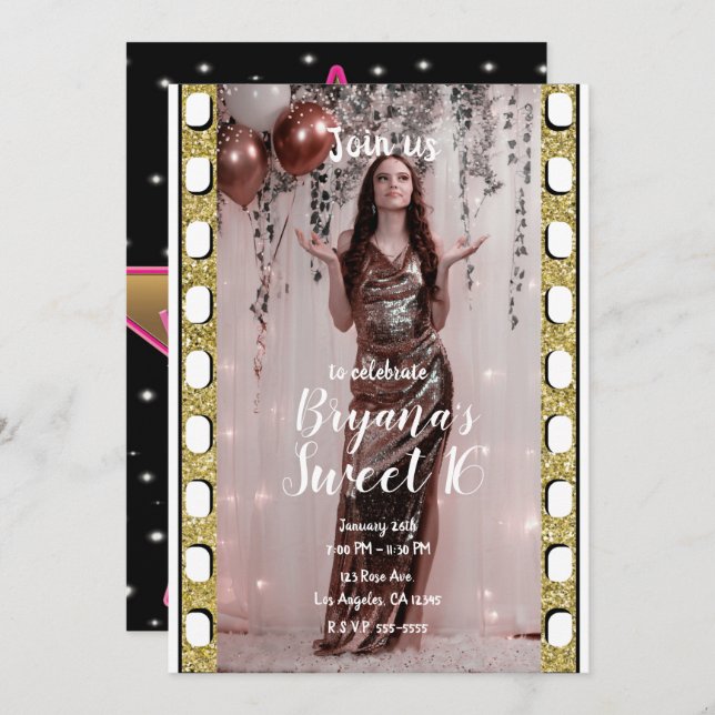 Hollywood Movie Gold Pink Star Film Sweet 16 Einladung (Vorne/Hinten)