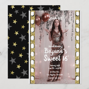 Hollywood Movie Gold Silver Stars Sweet 16 Foto I Einladung