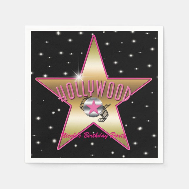 Hollywood Pink & Gold Star Black Birthday Party Serviette (Vorderseite)