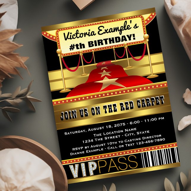 Hollywood Red Tepet Party Einladungen (Red carpet birthday party invitation. Red, black and gold red carpet invitations for any occasion.)