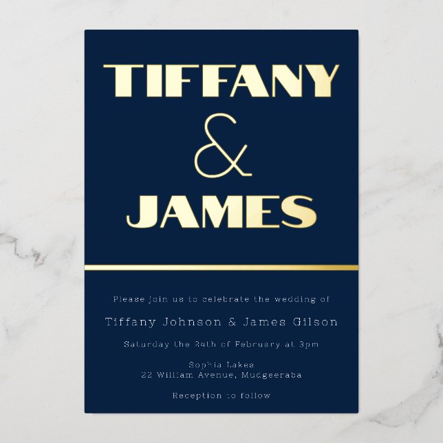 Hollywood Vintag Retro Navy Wedding Gold Foil Folieneinladung (Vorderseite)