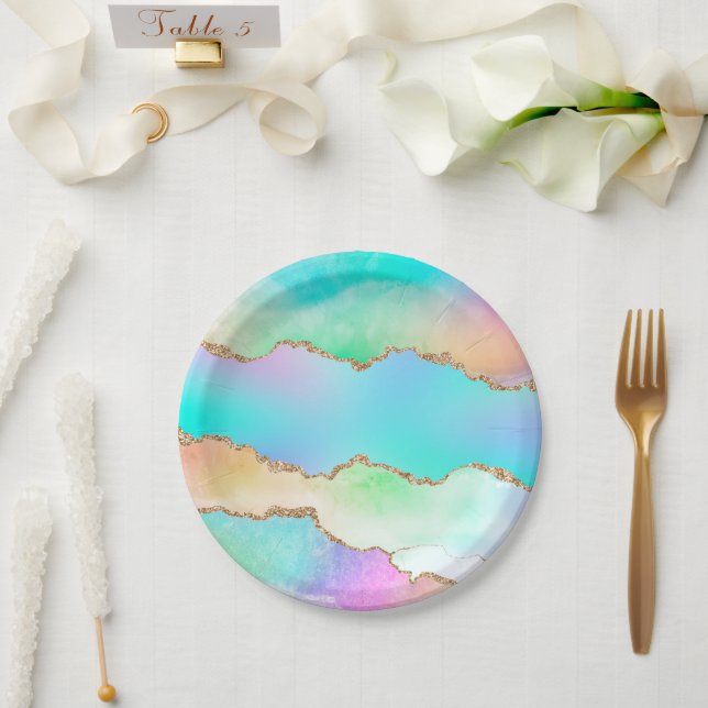 Holo Agate | Imitate Iridescent Pastel Ombre Marmo Pappteller (Hochzeit)
