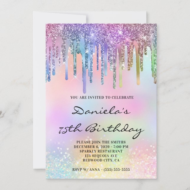 Holo Glitter Rainbow Drips 75th Birthday Einladung (Vorderseite)