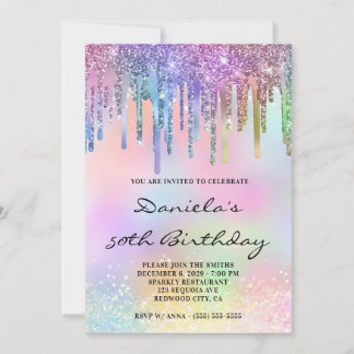 Holo Glitter Regenbogen-Tropfen 50. Geburtstag Einladung