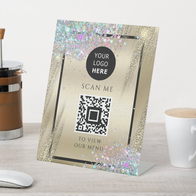 Holo Glitzer Business QR Code Logo Metallic Gold Sockelschild (In SItu)