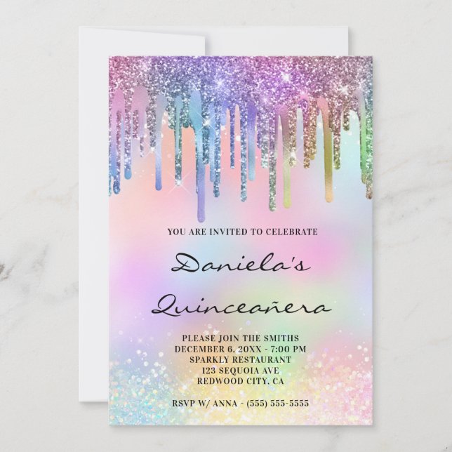 Holo Glitzer Rainbow Tropfens Quinceañera Einladung (Vorderseite)