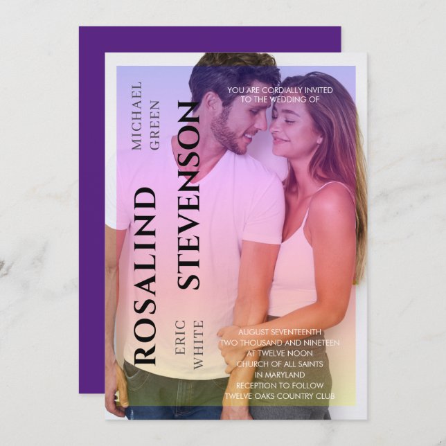 Holografie Pink Lila Overlay Foto Hochzeit Einladung (Vorne/Hinten)