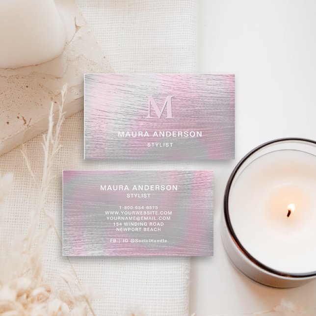 Holografisch gebürstetes Rosa Modernes Monogramm-E Visitenkarte (holographic business card brushed pink monogram shimmer hairdresser stylist coach artist lash nails )