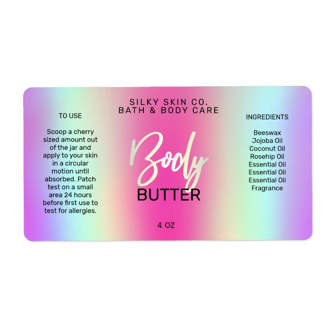 Holografisch geprägte neonfarbene Body Butter Labe (Vorne)