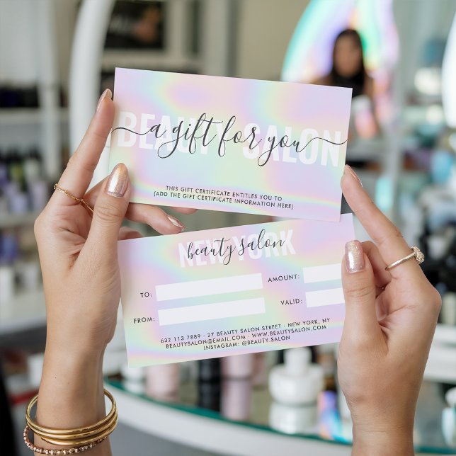 Holografisch moderner pastellfarbener Regenbogensa (Holographic modern pastel rainbow salon gift card)