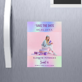 Holografisch rosa Foto Sweet 16 Save the Date Magnetkarte