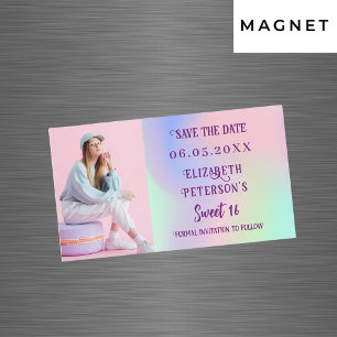 Holografisch rosa Foto Sweet 16 Save the Date Magnetkarte