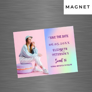 Holografisch rosa Foto Sweet 16 Save the Date Magnetkarte