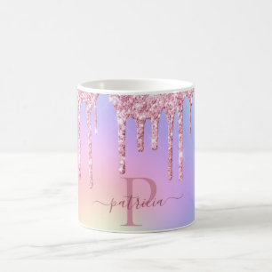 Holografisch rosa Glitzer Tropfen Elegantes Monogr Kaffeetasse