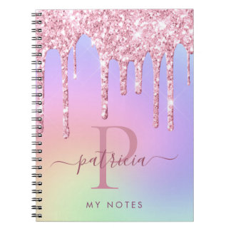 Holografisch rosa Glitzer Tropfen Elegantes Monogr Notizblock