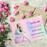 Holografisch rosa lila Foto Quinceanera Save The Date<br><div class="desc">Ein modernes und elegantes Save the Date für eine Quinceañera. Holografischer,  rosa,  lila,  minzgrüner Hintergrund. Personalisieren und hinzufügen eines Fotos,  Datums und Namens.</div>