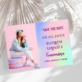 Holografisch rosa lila Foto-Skript Quinceanera Save The Date
