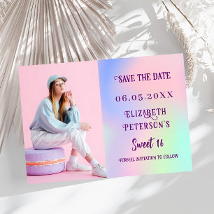 Holografisch rosa lila Foto Skript Sweet 16 Save The Date