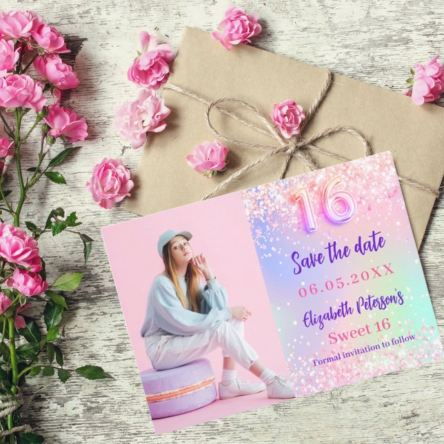 Holografisch rosa lila Foto Sweet 16 Save The Date (Von Creator hochgeladen)