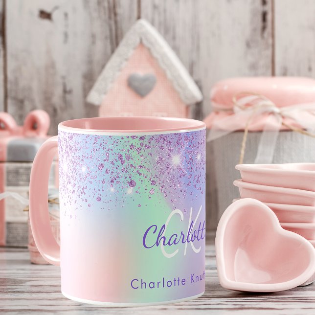 Holografisch rosa lila Glitzer-Minze-Monogramm Tasse (Von Creator hochgeladen)