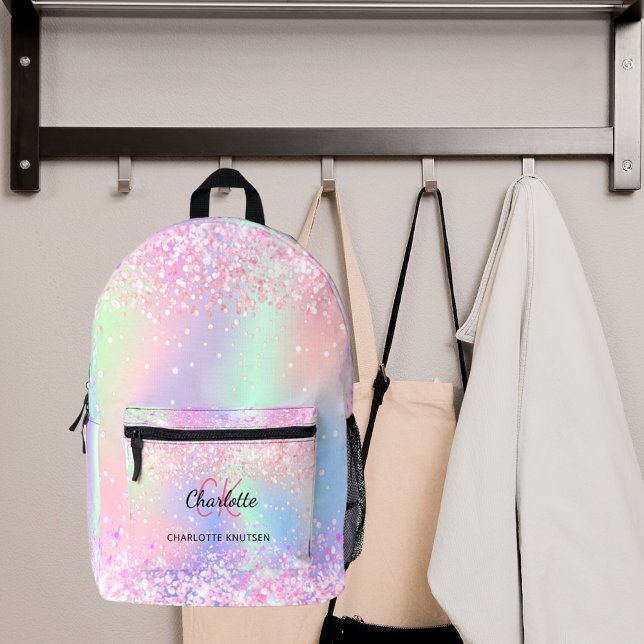 Holografisch rosa lila Monogrammbezeichnung Bedruckter Rucksack (Von Creator hochgeladen)