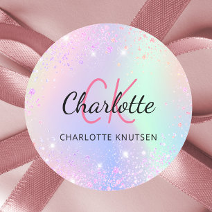 Holografisch rosa lila Monogrammbezeichnung Runder Aufkleber