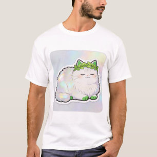 Holografische Fluffige Katze mit grünem Lorbeerkra T-Shirt