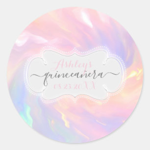 Holografische Prinzessin Pink Name Datum Quinceañe Runder Aufkleber