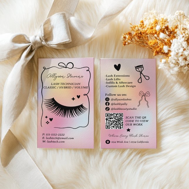 Holografische Regenbogen-Einhorn-Lash-Tech-QR-Code Visitenkarte (Holographic rainbow unicorn Lash Tech QR Code Business Card)