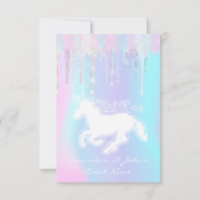 Holografische Tropfen Unicorn Party Sweet 16. Meer Einladung (Rückseite)