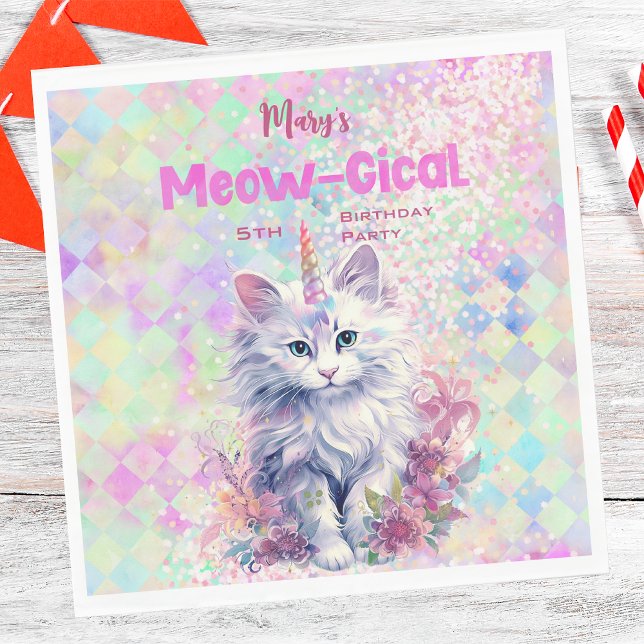 Holografischer Caticorn Meow-Gical Birthday Serviette (Von Creator hochgeladen)