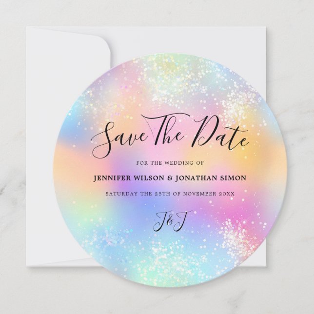 Holografischer Glitzer Pastel Wedding Speichern Si Save The Date (Vorderseite)