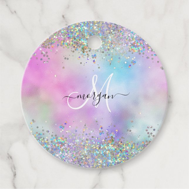 Holografischer Glitzer Rainbow Pastors Monogram Geschenkanhänger (Vorderseite)
