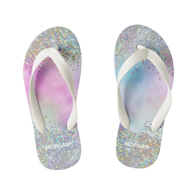 Holografischer Glitzer Rainbow Pastors Monogram Kinderbadesandalen (Fußbett)