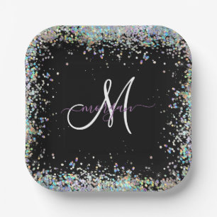 Holografischer Glitzer Rainbow Pastors Monogram Pappteller