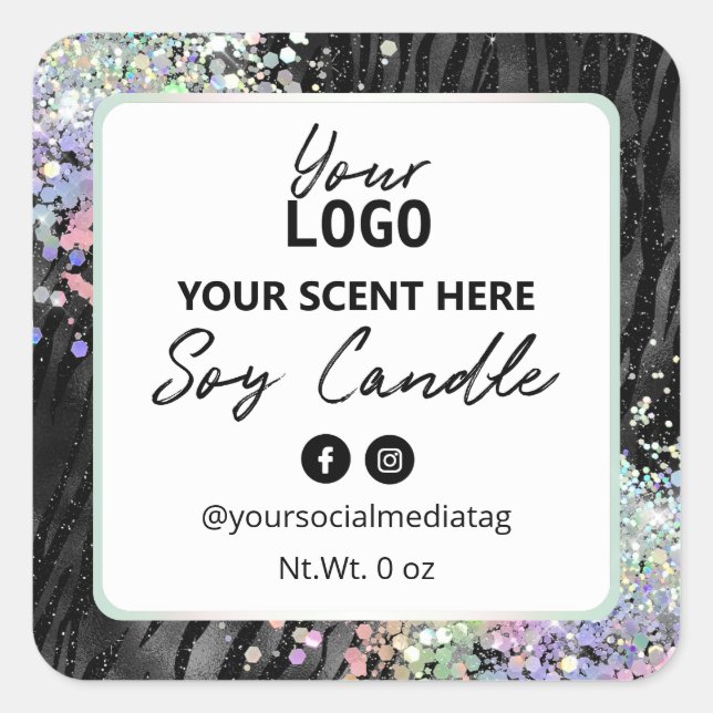 Holografischer Glitzer Zebra Print Soy Candle Labe Quadratischer Aufkleber (Vorderseite)