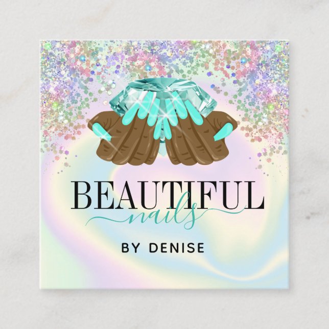 holografischer Nagelsalon Handnägel-Technikerin Quadratische Visitenkarte (Vorderseite)