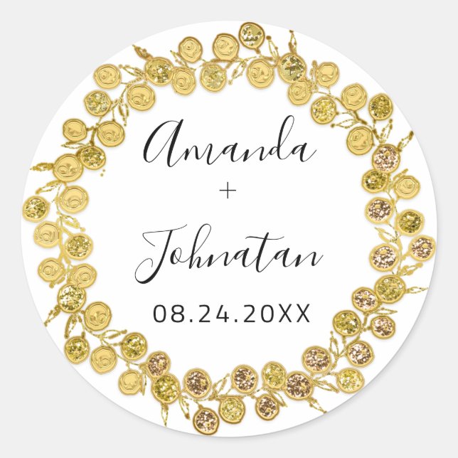 Holografischer Name einfach Datum Black Gold Kranz Runder Aufkleber (Vorderseite)