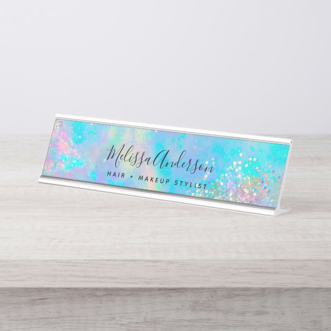 Holografischer Opal Stone Glitzer Calligraphy Schreibtischnamensplakette (Vorderseite )
