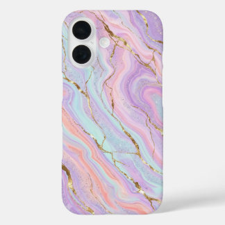 Holografischer Pastell-Einhorn-Marmor-Gold-Glitter iPhone 16 Hülle