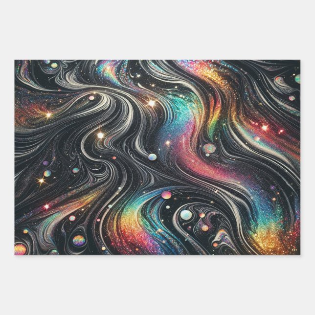 Holografischer Rainbow-Glitzer 70er Galactic Creat Geschenkpapier Set (Vorderseite)