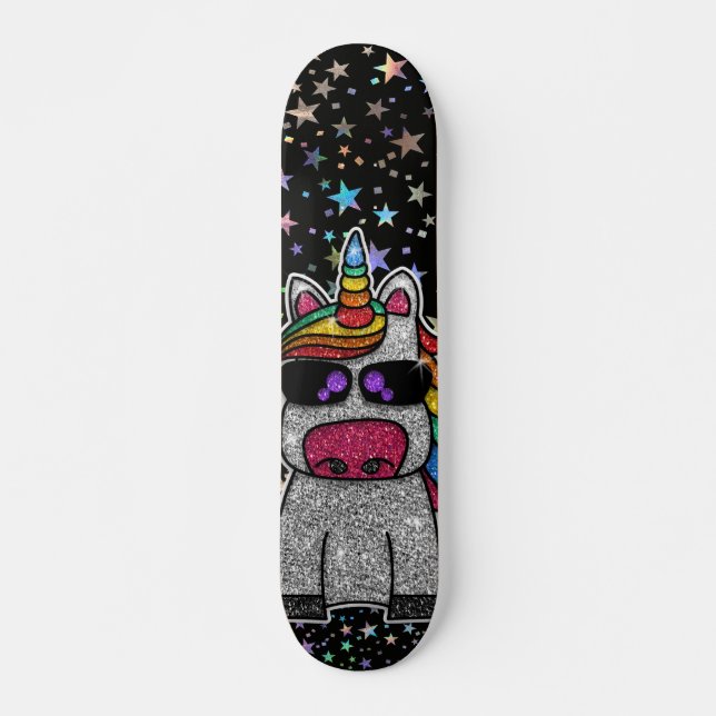 Holografischer Regenbogen Einhorn Funkelnd Sterne  Skateboard (Vorne)