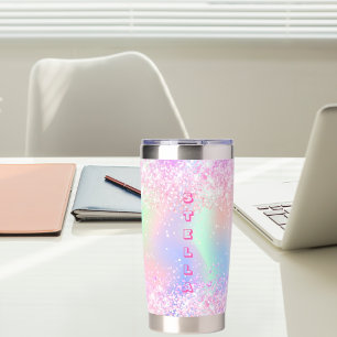 Holografischer rosa Glitter-Eigenname Mädchen Thermobecher