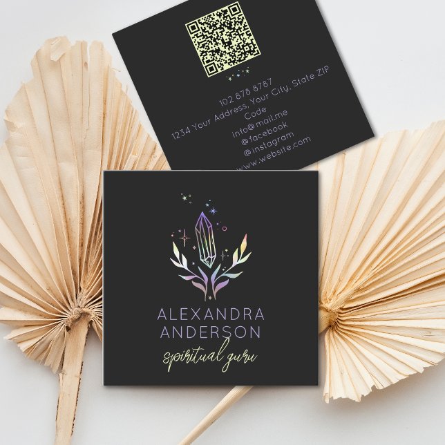 Holografischer Spiritueller Kristallmystischer QR- Quadratische Visitenkarte (Holographic Spiritual Crystal Mystic Black QR Code Square Business Card)