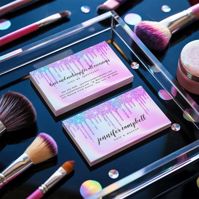 Holografisches Einhorn-Make-up Haar Rosa Glitzer T Visitenkarte (Holographic unicorn makeup hair pink glitter drips)