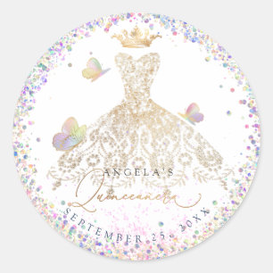 Holografisches Konfetti Quinceanera Weißgold-Kleid Runder Aufkleber
