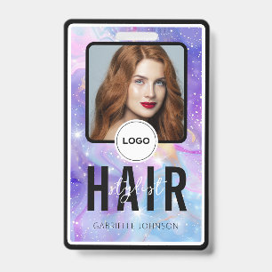 Holografisches lila Galaxy-Friseur-Foto-Logo Ausweis